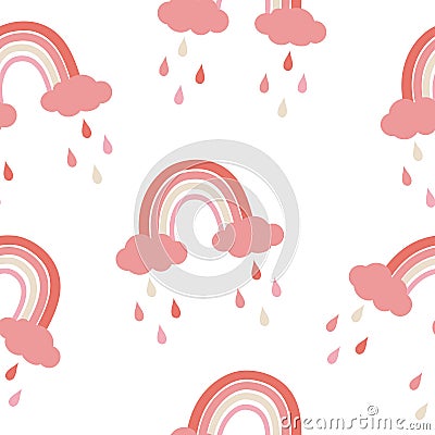Seamless pattern colorful stylized rainbow clouds raindrops pink coral and beige pastel shades vector illustration Stock Photo